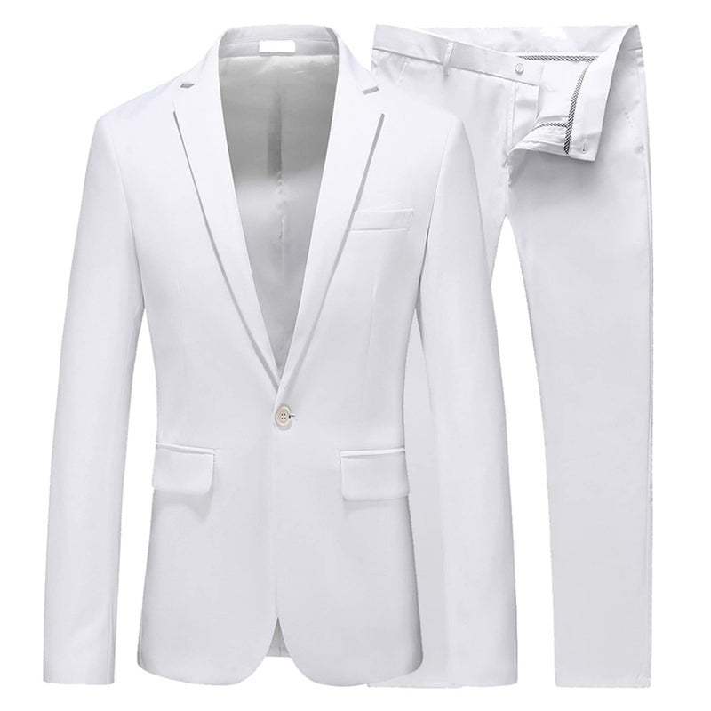 UNINUKOO Mens Suit Slim Fit 1 Button 2 Piece Wedding Party Holiday Solid Color Tux Suits for Men US Size 32 White - Image 1
